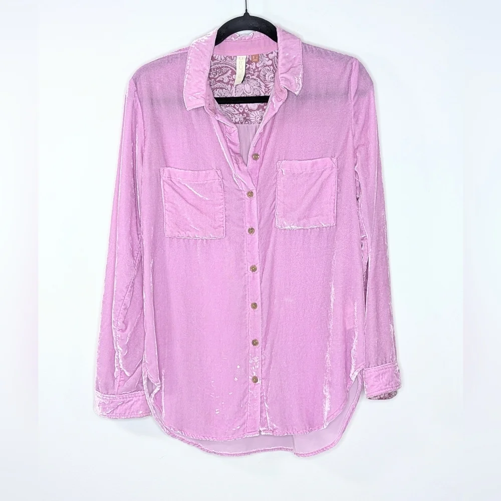 Pilcro Mara Relaxed Velvet Long Sleeve Button Down Shirt Pink 4 - Picture 2 of 7